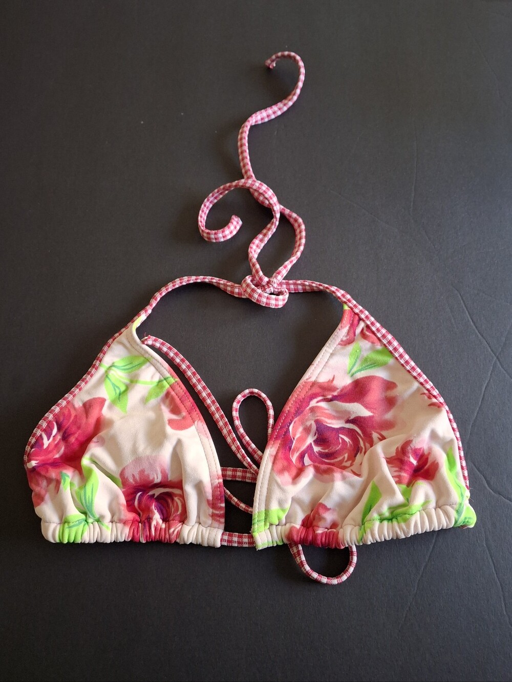 Floral Triangle Bikini Top Pink Rose Print Tie Neck Swimwear - Picture 2 of 5